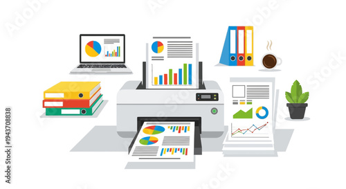 Vector illustration of office workspace with printer, laptop, and business documents