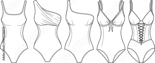 Women's one piece swimsuit design set, line art vector templates of modern swimwear styles fashion technical sketches for beachwear collection