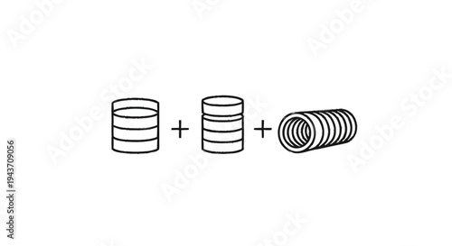 Three stacked cylinders with plus signs between them.