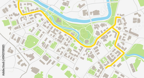 Abstract City Map with Yellow Route Line and River