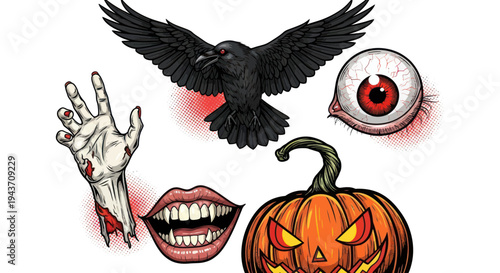 Spooky Halloween Icons: Crow, Zombie Hand, Vampire Mouth, Eyeball, Jack-o-Lantern