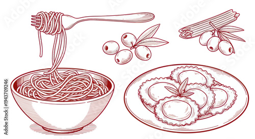 Italian Pasta Dish with Ravioli, Spaghetti, Olives, and Basil - Hand Drawn Sketch