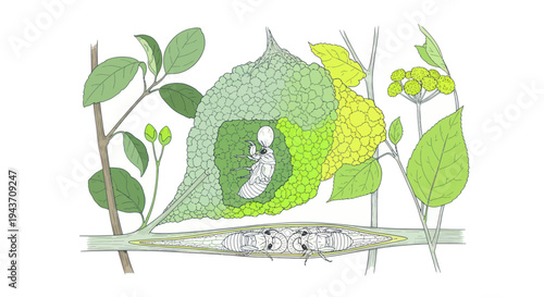 Tiny Insect Larva Nestled Inside Leaf Cocoon, Macro Nature Illustration