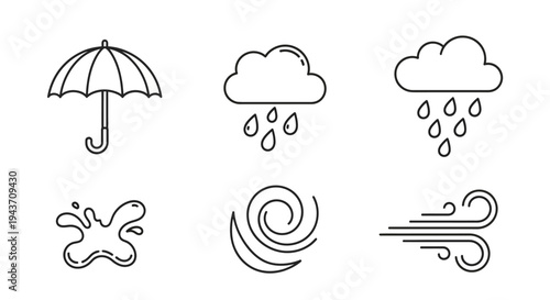 Flat illustration set of rainy weather icons including umbrella, rain clouds, raindrops, puddles, swirling wind and rain storm symbols in simple line design.