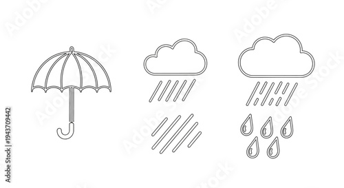 Flat illustration of an umbrella and rainy weather icons, including rain clouds with raindrops and puddles, on a clean white background with a gray color scheme.
