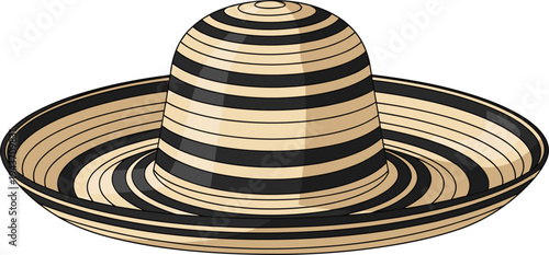 Traditional Colombian sombrero vueltiao hat illustration, iconic striped Caribbean cultural hat vector design for Latin American heritage and folk culture