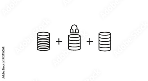 Three stacks of coins with plus signs between them.