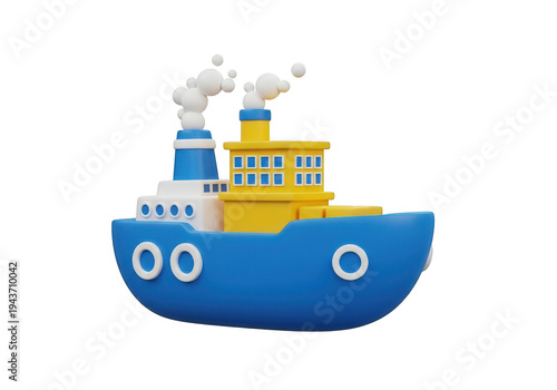 3d icon of 3d cartoon illustration of a blue and yellow tugboat with smoke coming from its chimneys, isolated on transparent background
