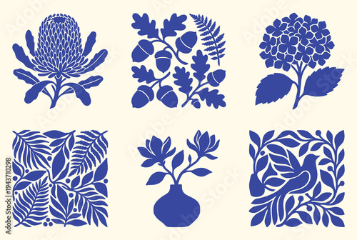 Blue botanical block print set. Protea, oak leaves, hydrangea, magnolia and bird motifs. Vintage folk art style on beige. Vector isolated illustration collection. 