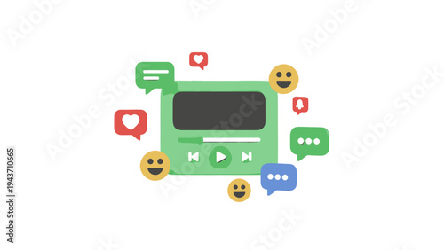 Video Player Interface with Social Media Icons and Emojis.