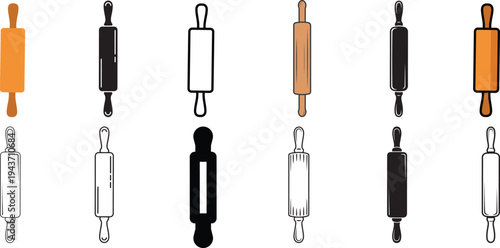 Rolling pin icon set. Vector outline, solid and colored kitchen baking tool illustrations.