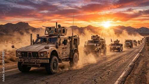 military convoy driving on desert highway at sunset. Armored vehicles kicking up dust in arid landscape. Tactical deployment concept.
