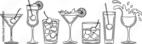 Vintage hand drawn cocktail glasses engraving illustration featuring daiquiri old fashioned manhattan martini and sidecar vector set