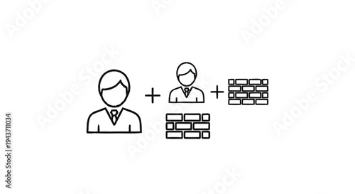 Two People and Brick Wall Icons Representing Collaboration and Obstacles.