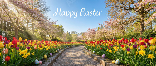 Panoramic Spring Garden Path with Tulips and Easter Eggs