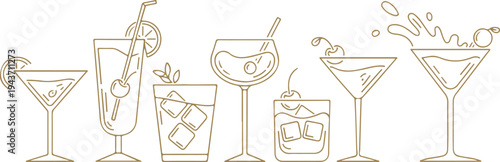 Vintage hand drawn cocktail glasses engraving illustration featuring daiquiri old fashioned manhattan martini and sidecar vector set