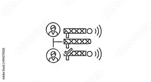 Two people connected to network barriers with signal waves.
