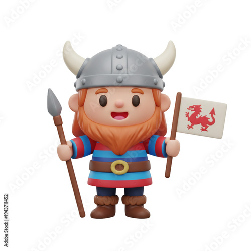 A cartoonish Viking warrior figurine holds a spear and flag standing heroically