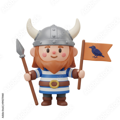 Cheerful cartoon Viking warrior with horned helmet and striped tunic posing on white