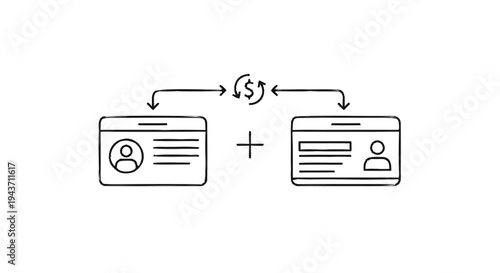 Two ID Cards Connected by Arrows and Dollar Sign.