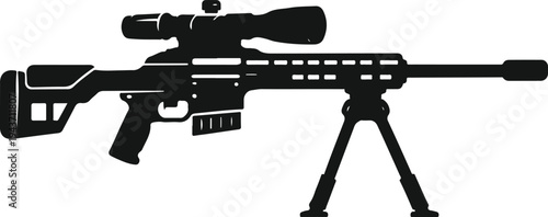 Minimalist silhouette of a tactical sniper rifle with scope and tripod support. Clean professional vector icon representing precision shooting, military weapon systems and defense equipment.