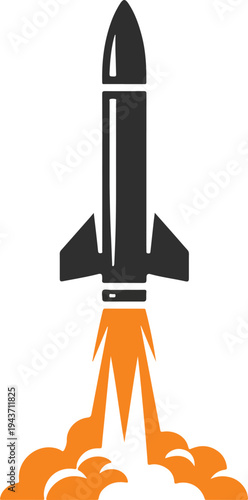 Minimalist vector illustration of a ballistic missile launching upward with bold exhaust flames. Strong modern icon representing missile technology, strategic defense systems and military power.