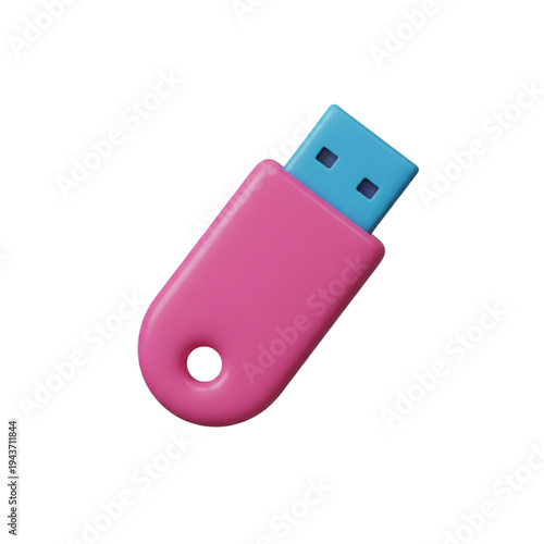 Angled pink flash drive with blue connector isolated on white digital tech close-up