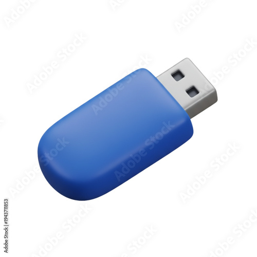 Angled blue USB flash drive with silver connector on white backdrop, tech close-up