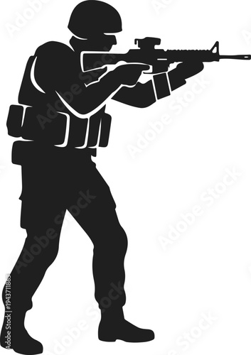 Minimalist silhouette of a modern soldier in tactical stance holding a rifle. Bold clean vector design representing military personnel, army operations, combat training and defense forces.