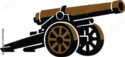 Classic heavy artillery cannon vector icon with bold barrel and large wheels in minimalist style. Perfect representation of traditional warfare, battlefield equipment and military history concepts.