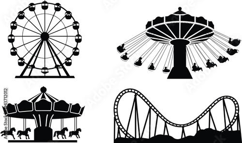 Amusement park rides silhouette set with ferris wheel, swing carousel and roller coaster theme park attraction vector illustration