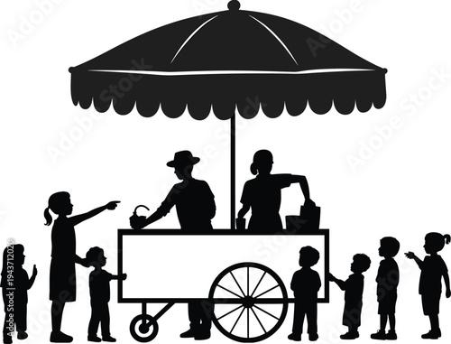Black silhouette illustration of street vendor cart with umbrella, adults serving children, community market scene, informal commerce and social interaction concept