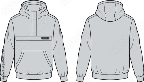 Hooded jacket technical fashion drawing with front pocket and half zip pullover hoodie clothing design template vector illustration