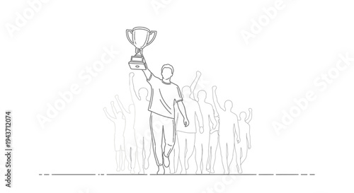 Champion holding trophy with cheering crowd, victory celebration, success, achievement, award