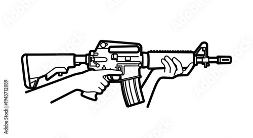 Close-up of hands holding and operating an assault rifle, tactical firearm, military weapon