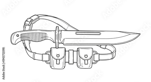 Combat Knife with Belt and Pouches - Vector Line Art Illustration