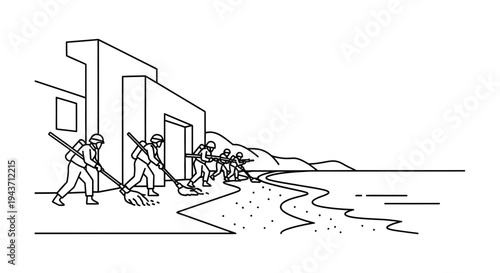 Disaster relief team cleans oil spill on beach near building, environmental protection