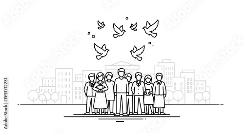Diverse Group of People United, Doves Flying Above Cityscape, Symbolizing Peace and Community