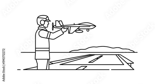 Drone pilot launching unmanned aerial vehicle on runway, aerial surveillance concept