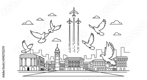 Doves flying over city skyline with airplanes taking off, symbolizing peace and freedom