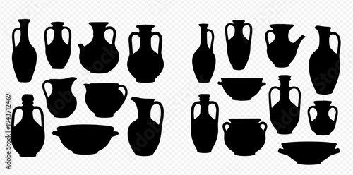 Set of ancient Greek and Roman pottery silhouettes, including amphorae, jugs, and bowls, isolated on a transparent background.