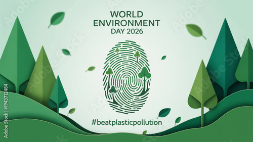 World environment day 2026 eco friendly campaign with green trees and fingerprint logo on a natural background