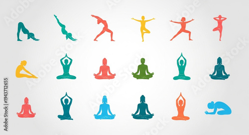 Collection of Diverse Yoga Poses and Meditation Figures.
