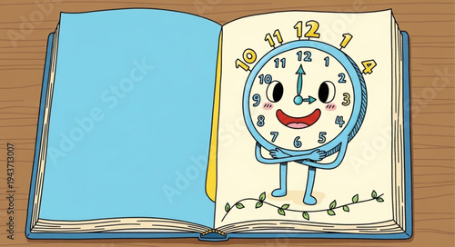 Open childrens storybook with animated clock illustration.