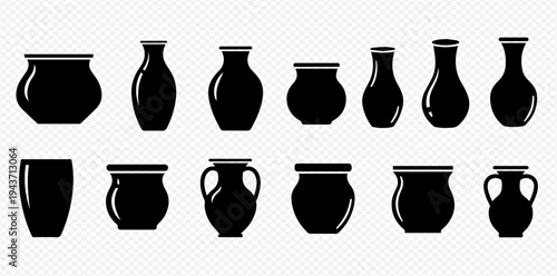 Set of black silhouette ceramic pots and vases with different shapes and sizes on a transparent background.