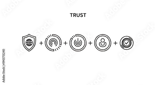 Trust concept with icons representing security, connection, power, people, and verification.