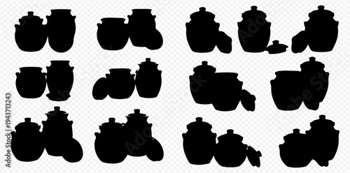 Collection of black silhouettes of traditional ceramic pots and jars with lids, isolated on a transparent background.