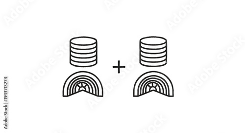 Two Stacks of Coins and Rainbows Plus Symbol.