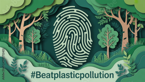 Fingerprint in forest with trees and green foliage symbolizing eco friendly living and sustainability environmental awareness campaign