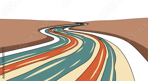 Abstract illustration of a winding river with vibrant color gradients and minimalist design